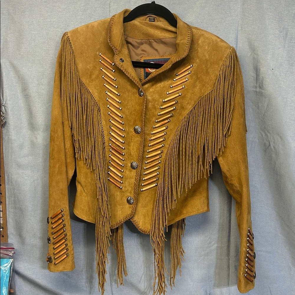 Cripple Creek western/biker leather jacket with fringe and wood embellishments